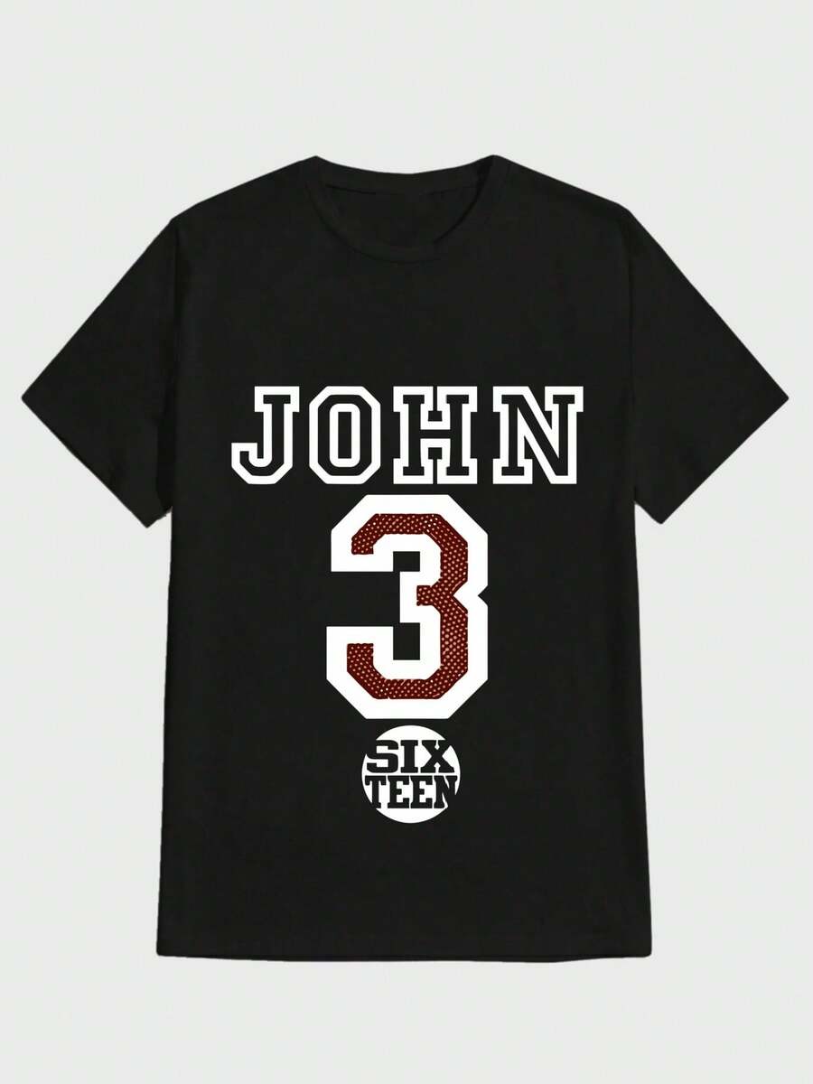 Para hombre,Estampado con el nombre John y el número 3 y Sixteen,Camiseta casual de cuello redondo y manga corta con estampado,adecuada para uso diario en primavera y verano,unisex - Negro - Ver 1