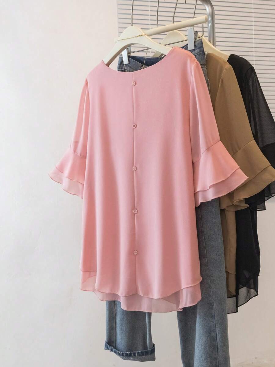 YUXIN 女式黑色透明上衣，半喇叭袖，图案印花宽松 T 恤