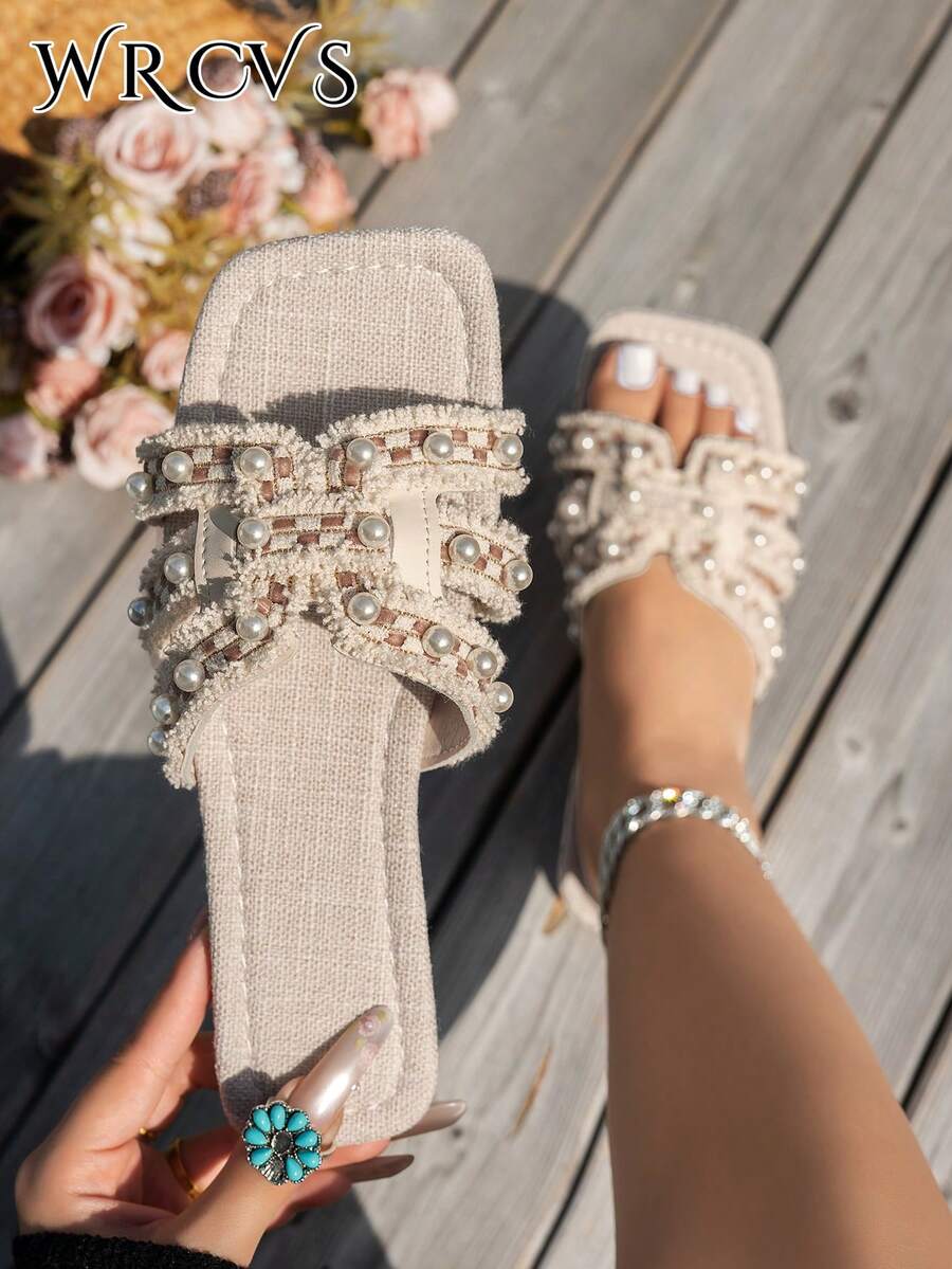 WRCVS Women's Embroidered Hollow Faux Pearl Flat Slippers, Random Floral Pattern,Bohemian Sandals For Party & Holiday Outdoor Wear,Spring Summer Outfits