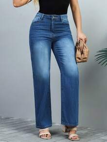 Calça jeans feminina lisa, minimalista, de corte reto, casual, para a primavera. - Lavagem Média - Ver 6