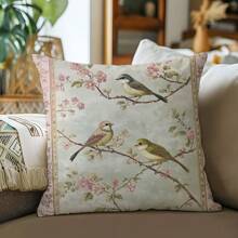 1 buc. Față de pernă decorativă cu model vintage de păsări și crengi florale, material moale din catifea piersică, imprimare pe o singură față, 45 * 45 cm / 50 * 50 cm, potrivită pentru casă, dormitor, sufragerie, canapea, cadou