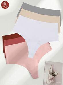 6pcs/Pack Seamless Thong Panties, Breathable Comfortable High Waist Fitted Solid Color Women's Underwear