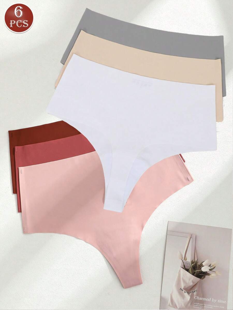 6pcs/Pack Seamless Thong Panties, Breathable Comfortable High Waist Fitted Solid Color Women's Underwear