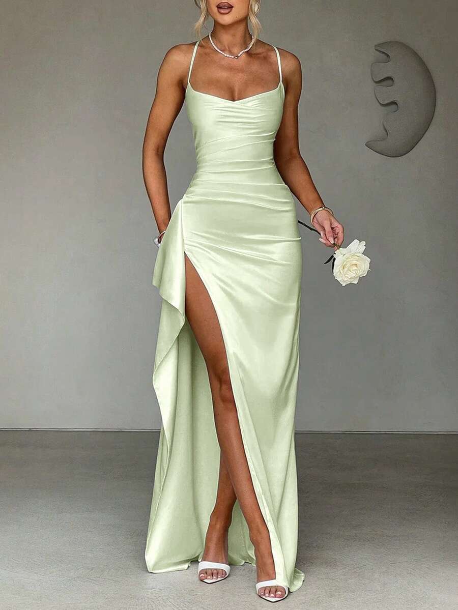 Elegant Sexy Satin Frill Trim Waist Party Dress, Bridesmaid Dress, Formal Gown - Green - View 1
