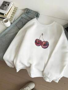 Es Trus, Herbst und Winter Frauen Hip-Hop "Kirsche und Discokugel" personalisiertes Muster Muster Straße, koreanischer Stil bequeme Retro Basis Mode Pendeln vielseitige Y2k Kleidung Damen Kleidung, geeignet für Lässig Outdoor, reguläre Nische Punk Stil weiß gut sitzende Rundhals Sweatshirt - Weiss - Übersicht 4