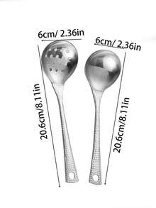 2件套不锈钢汤勺和滤网套装，锤纹长柄火锅勺，家用 - 銀色 - 查看 3