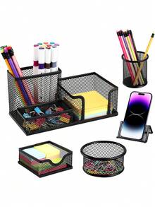 6pcs metal oficina titular de la pluma multifuncional cubo de almacenamiento de la pluma estudiante de escritorio creativo de malla de hierro de papelería de almacenamiento de suministros de oficina - Negro - Ver 1