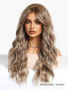 女士长波浪渐变棕色混合金色挑染假发，合成发质，耐热渐变色假发，适合日常派对角色扮演使用 - 24 英寸 - 漸層棕色 - 查看 4