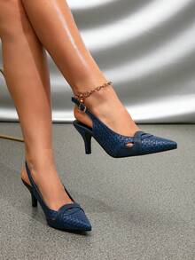 法式时尚优雅细高跟鞋，交叉绑带尖头派对女式高跟鞋，海军蓝，优雅，女士浅口鞋，优雅，猫跟鞋 - 藍色 - 查看 3