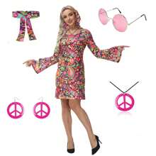 6pcs 70s Retro Hippie Set With Necklace And Earrings Vintage Set For Girls And Women(Pattern Position Is Random)For Christmas Parties, Carnival Partiesparty Dressing Up,Pink,Holiday Gift,Partywear,Elegant Outfit,Floral,Bachelorette Party,Vintage, New Year Party, Going Out Outfit Halloween
