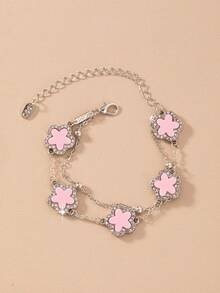 1pc Five Petal Flower Style Double Layer Anklet With Random Beads, Fashion Beach Style, Women Holiday Gift - Pink - View 2