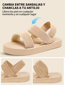 Sandalias de imitación lino beige de tacón medio para mujer, elegantes y ligeras para uso en exteriores, playa y uso diario, pantuflas simples de verano/otoño para mujeres - Caqui - Ver 6