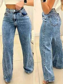 Jeans de tiro alto y pierna recta con bolsillos, de corte holgado y versátil para mujer