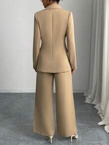 女士春秋翻领优雅西装外套和裤子套装，适合日常通勤