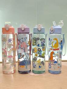 1pc, 700ml/23OZ Ocean Animal Series Plastic Water Bottle With Cap, Straw And Carrying Strap, Portable, Multiple Styles Available, Suitable For Outdoor Sports, Cycling, Travel, Camping, Gifts And Festivals - Multicolor - View 3