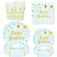 50 piezas/80 piezas Juego de vajilla para fiesta de cumpleaños en azul claro (platos, vasos, servilletas) Decoraciones de fiesta de cumpleaños en azul claro y dorado para hombres y niños, para 10/20 invitados - oro azul - Ver 4