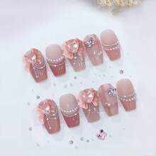 10PCS Red Press On Nails Short Coffin Nails, Summer Nails, Nail Supplies, Short French Nails, Cute Love Bow Nails, Home DIY Nail Design Full Coverage Fake Nail Tips Artifical Fingernails For Women And Girls Manicure Supplies Office Daily Wear False Nails, Purely Hand-Wear Nails, Handmade Press On Nails