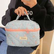 1pc SML Korean Style Plaid Bow Makeup Bag, Large Capacity Portable Travel Toiletry Organizer