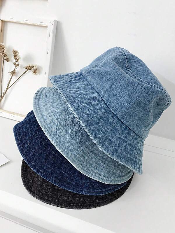 1 pieza Sombrero de pescador de mezclilla de borde ancho de unicolor y estilo casual de calle para mujeres y hombres, sombrero de sol transpirable para primavera y verano, sombrero cubo retro