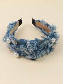 1 buc. Bandă de păr încrustată cu perle pentru femei, stil coreean nou, accesoriu de păr cu nod mijlociu, denim spălat, cerc larg pentru păr
