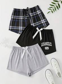 3-teiliges Damen Sommer Nachtwäsche Set: Bequeme und weiche Shorts, vielseitige Lässig Homewear Hosen, Sommer karierten Shorts mit Gummibund und Schleife für Teenager Mädchen Drei-Teiliges Set