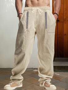 Men's Drawstring Linen Pants With Pockets Stylish Geometric Embroidery Casual Mid Rise Wide Leg Trousers For All Seasons - 卡其色 - 查看 3