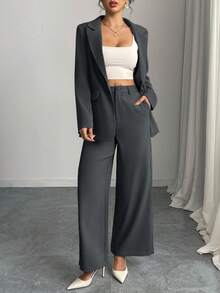 Women Elegant Simple Design Notched Collar Blazer Jacket And Pants Set - Dark Grey - View 3