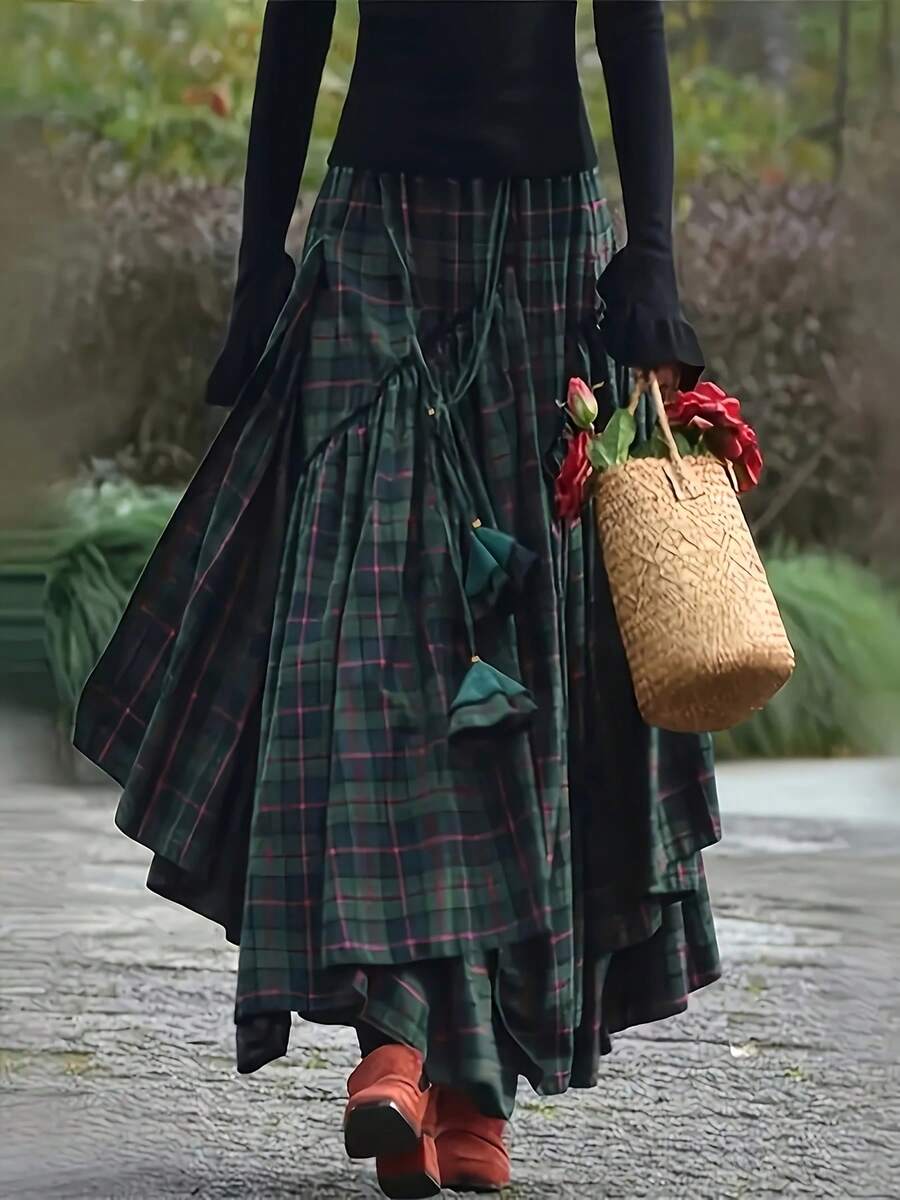 格子休闲波西米亚不对称/不对称花卉腰带裙