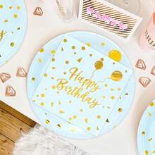 50 piezas/80 piezas Juego de vajilla para fiesta de cumpleaños en azul claro (platos, vasos, servilletas) Decoraciones de fiesta de cumpleaños en azul claro y dorado para hombres y niños, para 10/20 invitados - oro azul - Ver 7