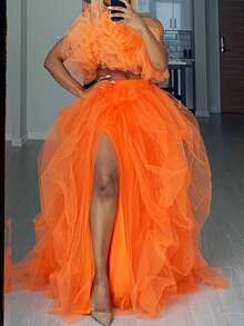 Women Long Tulle Tutu Skirt High Waist Layered A-Line Puff Mesh Skirt Floor Length Split Half-Dress Princess Skirt - 橘色 - 查看 2