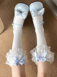 1 Par de Medias Mujer Blancas Lolita Vintage de 3 Capas con Adorno de Encaje y Moño a Media Pantorrilla
