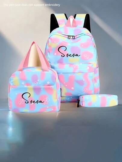 [Double-Bag, Storage Bag]3 Large Capacity Personalized Cute Backpacks, Tie-Dyed Cartoon Pattern Schoolbag, Custom Name Or Holiday Text, With Lunch Box Bag And Pencil Case, With, Zipper Seal, A Perfect Choice For Christmas And Birthday Gifts - Made In Hebei