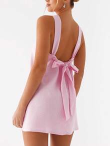 Women Twist Knot Mini Dress Halter Neck Cross Tie Back Club Party Short Dress Summer Sleeveless Casual Vacation Sundress - 粉色 - 查看 3