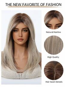 16 Inch Long Straight Wig With Bangs, Ombre Color, Suitable For Women, Synthetic Wig, Suitable For Girls Daily Party Wear, Heat Resistant Long Curly Hair - Blonde Ombre - View 9