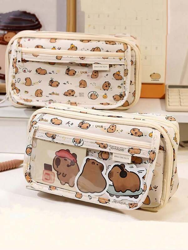 Trousse à crayons Capybara, étui à crayons avec motif mignon de dessin animé, rabat transparent, poches multiples, en tissu Oxford, sac de rangement pour fournitures scolaires, trousse à crayons, cartable
