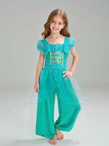 Young Girls' Off Shoulder Green Princess Style Jumpsuit, Suitable For Party