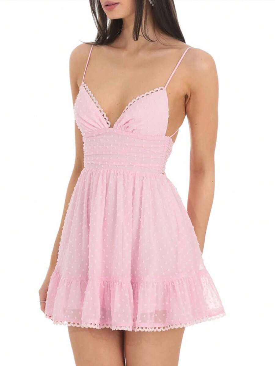 Women Graduation Dress Spaghetti Straps Sleeveless Short Dresses Y2k Low Cut Bodycon Going Out A-Line Mini Dress - Hồng - Xem 1