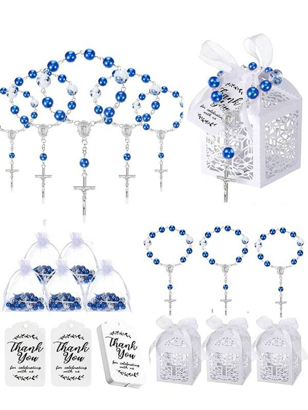 Juego de regalo de 6/12/24 bautizos, que incluye 6/12/24 piezas de mini rosarios, 6/12/24 piezas de cajas de regalo de bautizo, 6/12/24 piezas de bolsas de organza blancas y 6/12/24 piezas de etiquetas de agradecimiento, adecuado para decoraciones de fiesta de comunión y bautizo