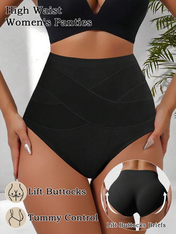 Women High Waist Panties Cross Tummy Control Underwear Girls Briefs Breathable Solid Color Underwear Lingerie Underpants