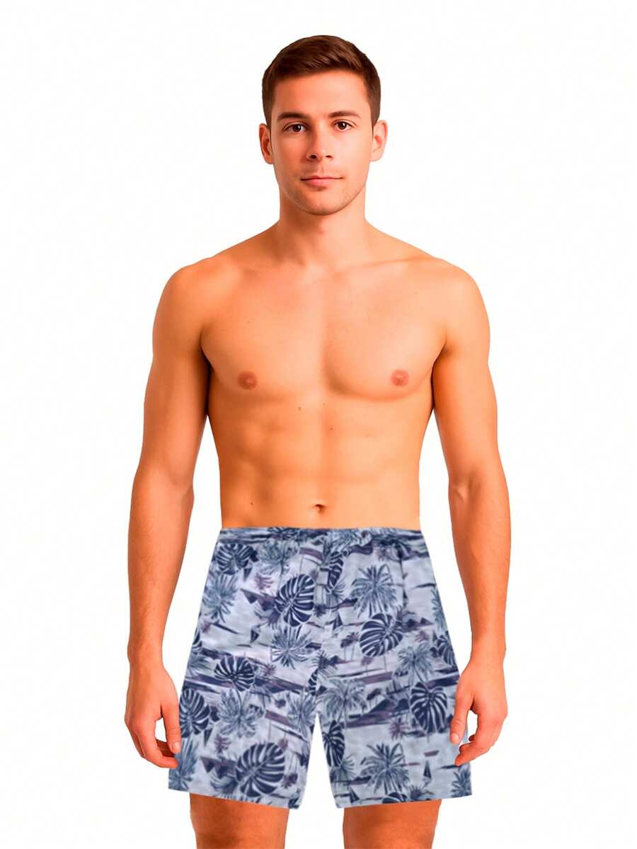 Bermuda De Playa Para Hombre Con Estampados Tropicales - Azul oscuro - Ver 1