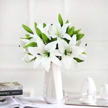 5 Stücke realistische weiße künstliche Lilien Blumen mit grünen Stielen, hohe Fidelität der Erscheinung, nicht verblassend, Frühlings- und Sommer-Blumendekoration, geeignet für Innen- und Außengarten, Hof, Party, Hochzeit, Wohnzimmer, Schlafzimmer, Festival, Geschenk, Heimdekoration, Fotografie-Requisiten