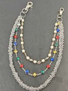 2025 New Model Pearl Pants Chain Three Layers Locomotive Chain Fashionable Men And Women Hip Hop Accessories Retro Keychain