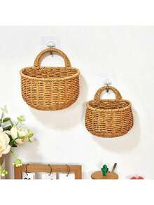 1 Piece Of Imitation Rattan Hand-Woven Storage Basket, Kitchen Ginger And Garlic Storage Basket, Retro Wall-Mounted Basket, Portable Small Flower Basket, Kitchenware Hanging Basket On The Wall. (Color And Size May Vary Slightly)Hook Included Valentine's Day Valentine's Day Decorations - Multicolor - View 7
