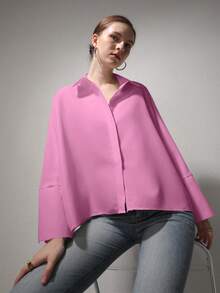 Women's French Solid Shirt, Retro Charm, Long Sleeve Business Interview Commute Casual Relaxed Minimalist Elegant Shirt, Suitable For Daily Wear, Home Wear, Street Style, An Ideal Choice For Women's Winter Wear. Valentine's Day, New Year - Coral Pink - View 6