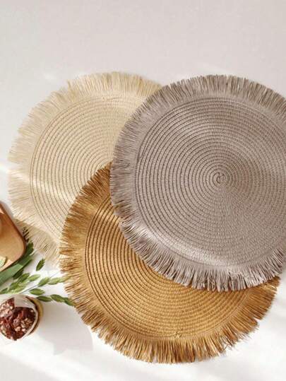 1 件波西米亚圆形纸质餐垫，天然流苏桌垫，西式餐垫，咖啡桌垫，厚隔热垫，防滑桌面装饰垫，适用于家居装饰、节日派对、餐厅布置、日常使用