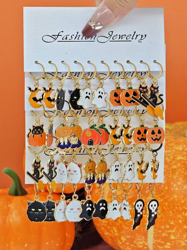 10pcs/40pcs New European And American Cross-Border Halloween Series Earrings, Cute And Horrific Style Metal Enamel Pumpkin, Ghost, Bat, Spider Pendant Earring Sets For Women
