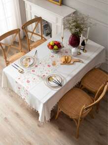 1pc Pink Floral With Green Leaf Embroidered Tablecloth, French Luxury Minimalist Style, Home Kitchen Decor, Suitable For Holiday Gatherings, Birthday Parties, Dining Table Decor, Home Decoration, All Seasons