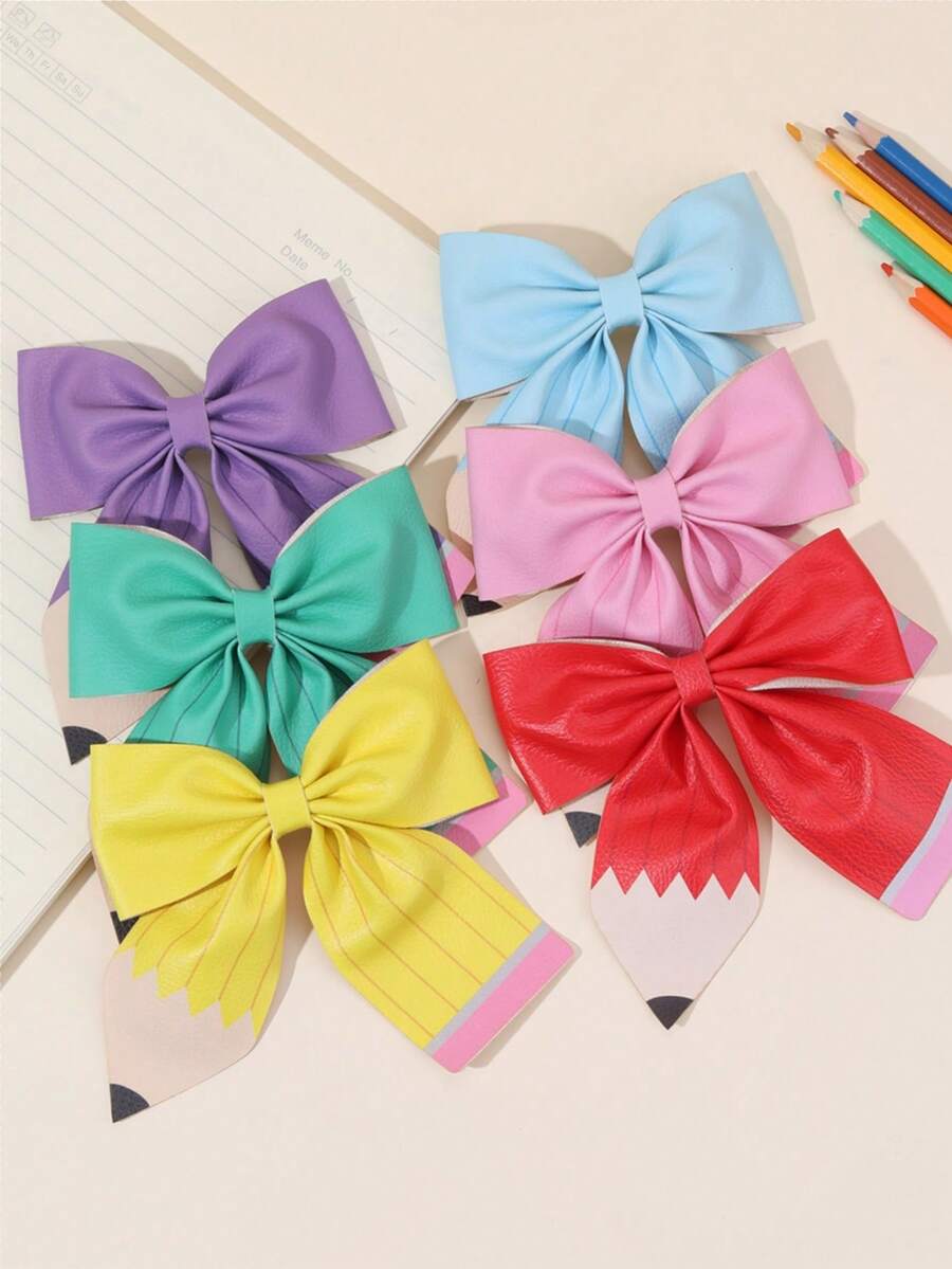 6pcs/1pc Girls Back To School Hair Bow Clips With Oversized Pencil Design & Eraser Print Charms, Cute Educational Hair Accessories For School Season Fall Classroom Teacher Gifts - Multicolor - View 1