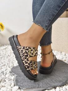 1 par de sandalias con plataforma y hebilla de estampado de leopardo sexy, suela gruesa para usar en la playa/resort al aire libre en verano, con diseño de dedo abierto y cuña deslizable a la moda para mujeres