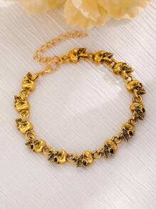 1 pièce Bracelet vintage gothique à tête de mort dorée sombre, accessoire de mode pour femmes, convient pour le port quotidien et comme cadeau d'Halloween